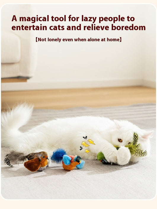 Plush bird cat toy with orange chest, grey body, feathered tail, and an elastic string for interactive play. - Image 16