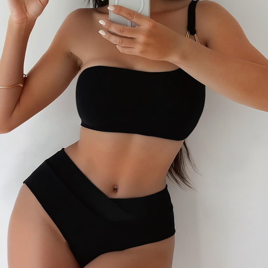 Black one-shoulder bikini with a gold-tone metal buckle detail and high-waisted bottoms with a V-front design. - Image 3