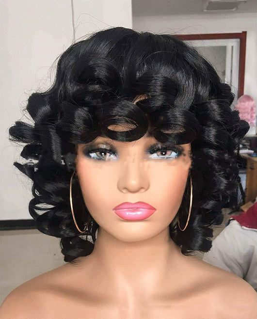 Peluca Rizada Afro Corta Voluminosa - Cabello Negro Explosivo de Belleza Europea - Image 10