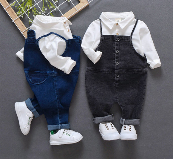 Conjunto Otoñal para Bebé 1-3 Años: Overol Denim y Blusa de Dos Piezas