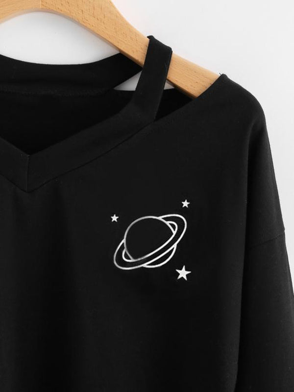 Playera Manga Larga Escote V con Estampado Hueco Explosivo