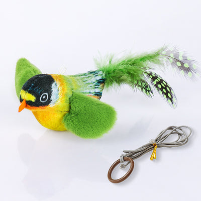 Colorful bird cat toy with green fluffy wings, black head, yellow face, orange beak, and spotted tail feathers. - Image 16