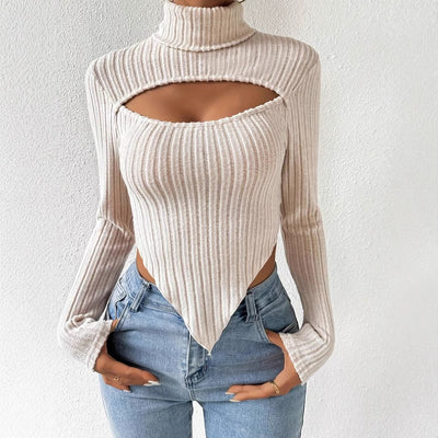 Blusa Tejida Rayada con Detalles Calados - Manga Larga Irregular Otoño Invierno - Image 4