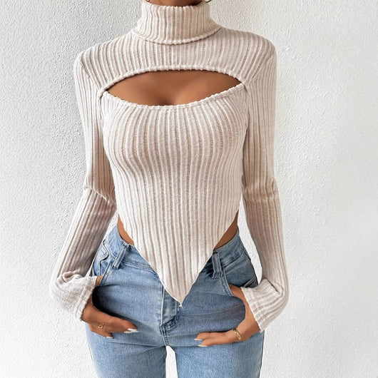 Blusa Tejida Rayada con Detalles Calados - Manga Larga Irregular Otoño Invierno - Image 4