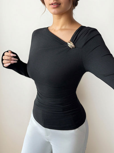 Blusa Base Plisada Cuello Oblicuo Mujer Esbeltecedora Primavera Otoño - Image 10