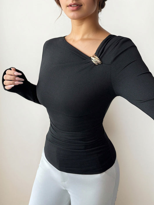 Blusa Base Plisada Cuello Oblicuo Mujer Esbeltecedora Primavera Otoño - Image 10