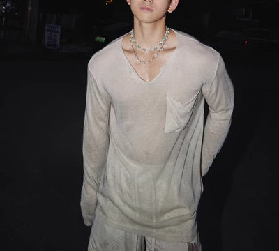 Playera Hombre Manga Larga Cuello V Efecto Transparente Hombro Caído - Image 10