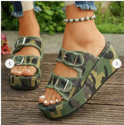 Sandalias Cuña Denim con Hebilla - Tacón Alto Camuflaje Verano para Mujer - Image 9
