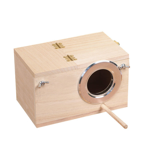 Light-colored wooden birdhouse with a circular silver metal entrance, a wooden perch, and brass-colored hardware. - Image 11