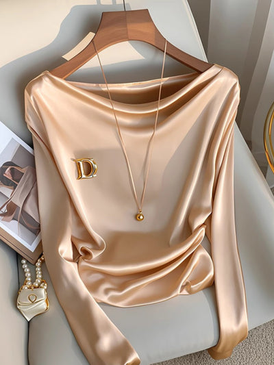 Blusa de Satén Champagne con Cuello Solapa - Prenda Interior Elegante de Manga Larga - Image 9