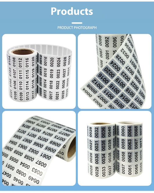 Roll of matte silver adhesive labels with sequential black serial numbers from 00001 to 00024 visible. - Image 10