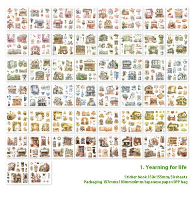 Retro Japanese paper sticker book with 50 sheets of watercolor-style daily life, house, garden, and cafe themed stickers. - Image 9
