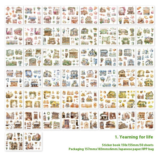 Retro Japanese paper sticker book with 50 sheets of watercolor-style daily life, house, garden, and cafe themed stickers. - Image 9