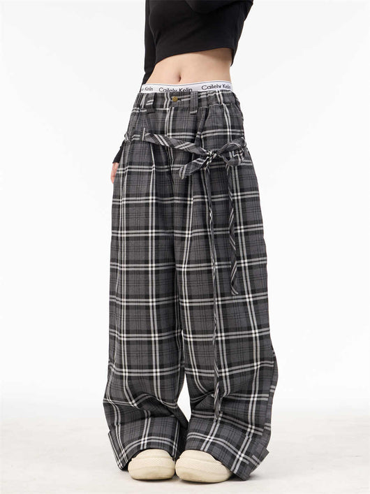 Pantalones Anchos Retro Cuadros con Cintura Elástica Estilo Americano - Image 3