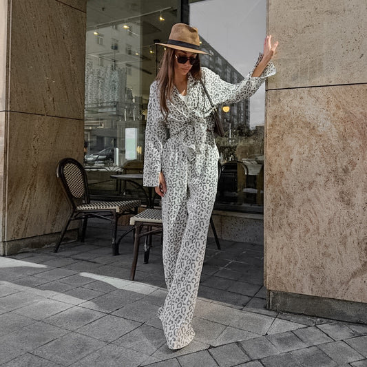Conjunto Ejecutivo Blusa Leopardo Algodón Puro Manga Larga Cintura Alta Mujer
