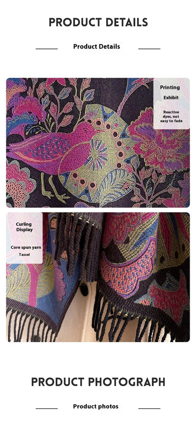 Bufanda Étnica Cálida de Diseño Floral y Aves para Mujer - Image 17