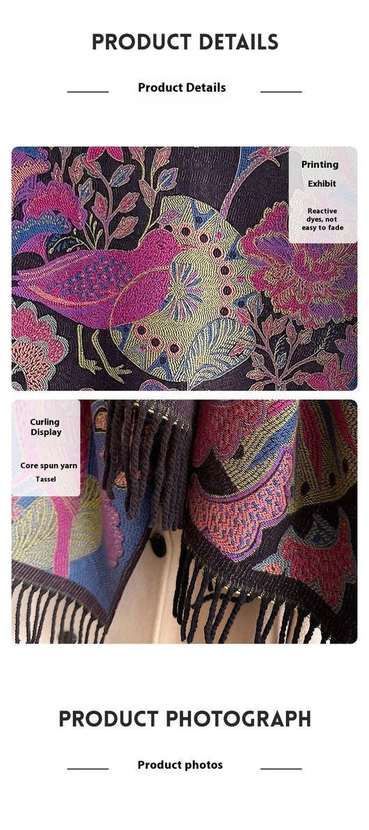 Bufanda Étnica Cálida de Diseño Floral y Aves para Mujer - Image 17