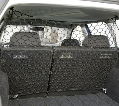 Black mesh dog protective net installed in a silver hatchback trunk, separating a golden retriever from the front seats. - Image 3