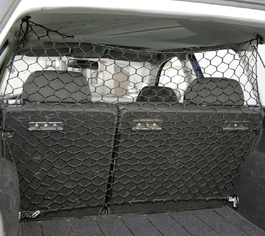 Black mesh dog protective net installed in a silver hatchback trunk, separating a golden retriever from the front seats. - Image 3