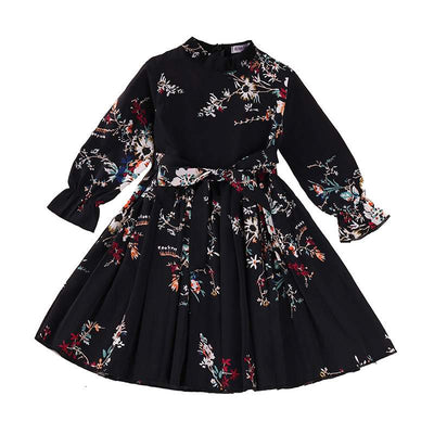 Vestido Niña Manga Larga Flores Retro Plisado - Image 2