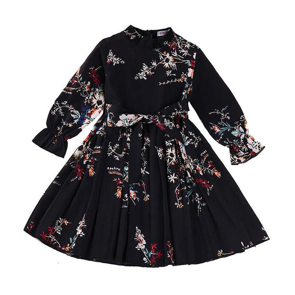 Vestido Niña Manga Larga Flores Retro Plisado