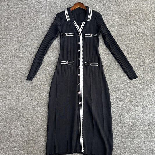 Vestido Largo Tejido Cuello Solapa V Ajustado Elástico Efecto Adelgazante