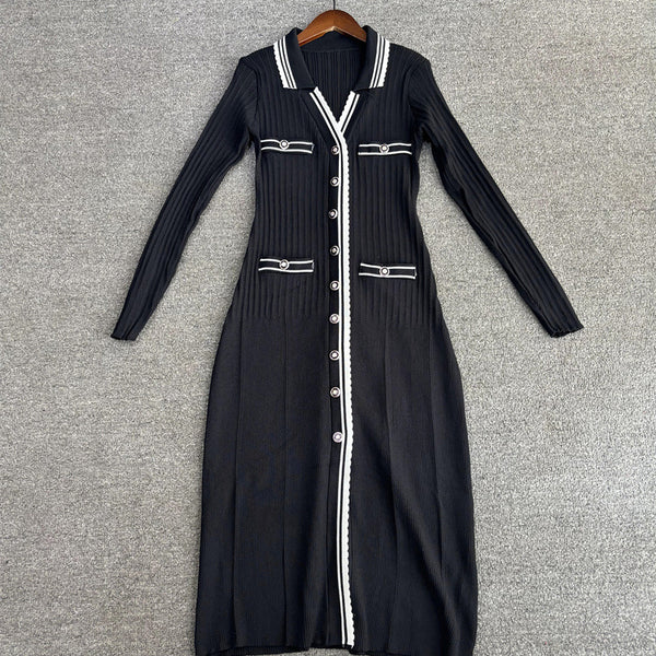 Vestido Largo Tejido Cuello Solapa V Ajustado Elástico Efecto Adelgazante
