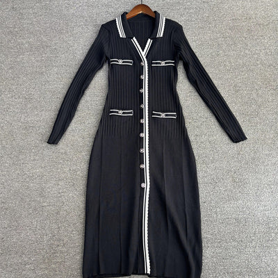 Vestido Largo Tejido Cuello Solapa V Ajustado Elástico Efecto Adelgazante