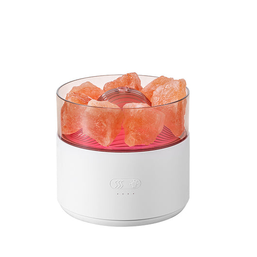 White cool-mist humidifier and aroma diffuser with glowing blue LED lights and orange crystal salt rocks, emitting mist. - Image 9