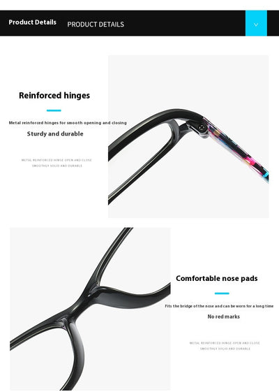 Women's lightweight fashion reading glasses with a red frame and colorful floral print temples. - Image 8