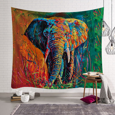 Vibrant multicolor elephant tapestry with a black background, featuring an abstract design for wall decor. - Image 13