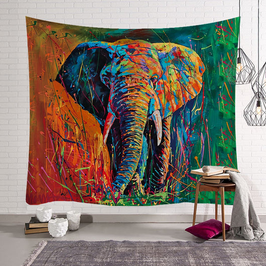 Vibrant multicolor elephant tapestry with a black background, featuring an abstract design for wall decor. - Image 13