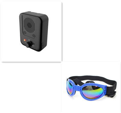 Black ultrasonic anti-barking device with a red light and a control knob, next to yellow pet goggles with rainbow lenses. - Image 19