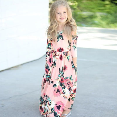 Vestido Infantil Estampado Cuello Redondo - Falda Larga para Niñas