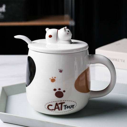 Taza de Cerámica Gato Kawaii con Tapa y Cuchara para Café