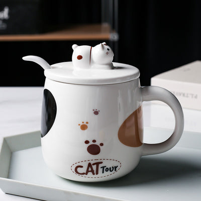 Taza de Cerámica Gato Kawaii con Tapa y Cuchara para Café