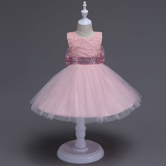 Vestido Princesa Niña con Lentejuelas y Moño Grande - Encaje sin Mangas - Image 7