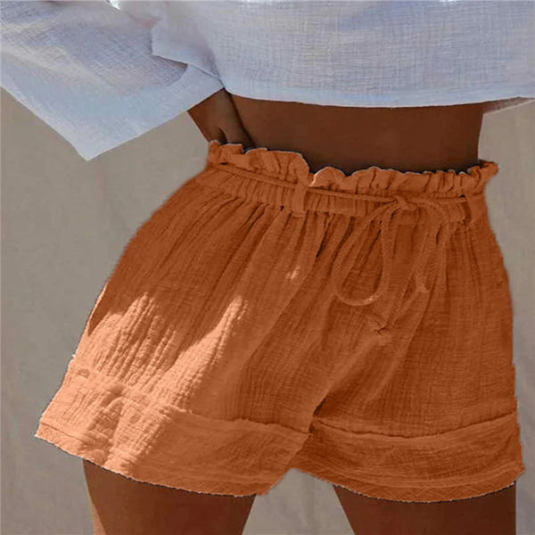 Shorts Boho de Cintura Alta Plisados con Cinturón Elástico en Algodón y Lino