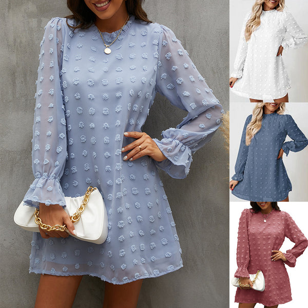 Vestido Elegante de Invierno con Cuello de Encaje y Mangas Abullonadas