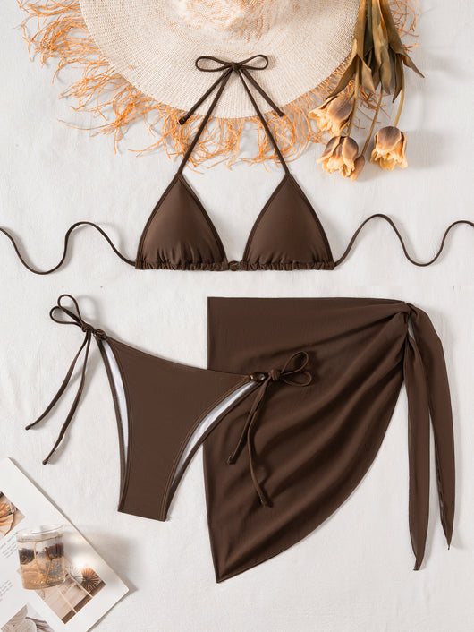 Solid brown three-piece bikini swimsuit set with a triangle top, beaded accessory, and matching sarong skirt. - Image 12