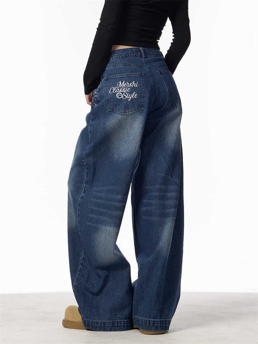 Pantalones Vaqueros Rectos Bordados Floral Vintage Mujer Cintura Alta Pierna Ancha - Image 15