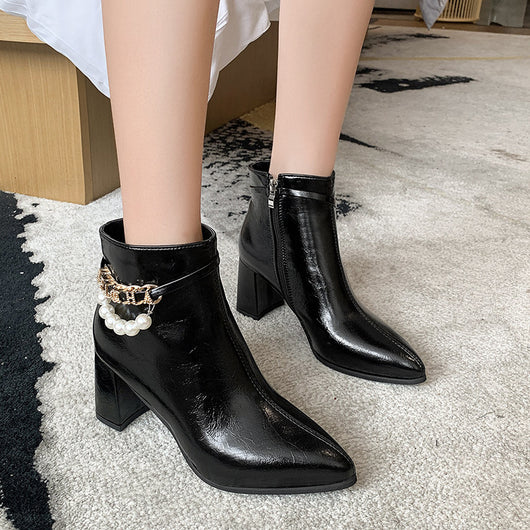 Botas Skinny de Tacón Grueso Puntiagudo - Estilo Coreano Otoño Invierno - Image 9