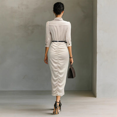 Vestido Camisero Plisado con Cinturón - Manga Corta - Image 2