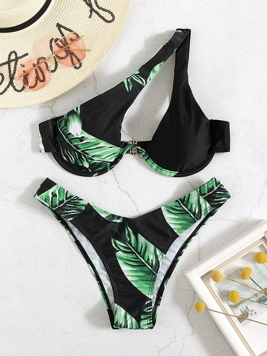Traje de Baño Bikini Asimétrico con Estampado Tropical y Sostén Underwire - Image 9