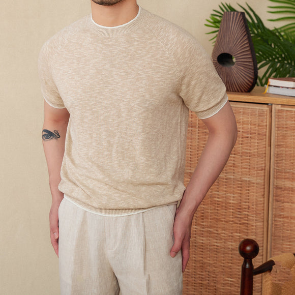 Camiseta de Lino y Algodón Transpirable Cuello Redondo Manga Corta