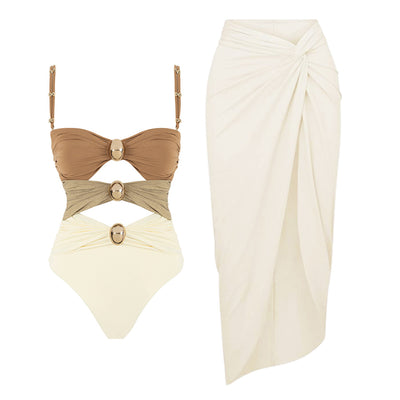 Periwinkle blue three-piece swimsuit set with bandeau bikini top, high-waisted twisted bikini bottom, and maxi sarong skirt. - Image 6