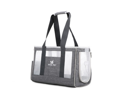 Navy blue portable pet carrier bag with mesh windows, top handles, and a side pocket for small dogs or cats. - Image 17