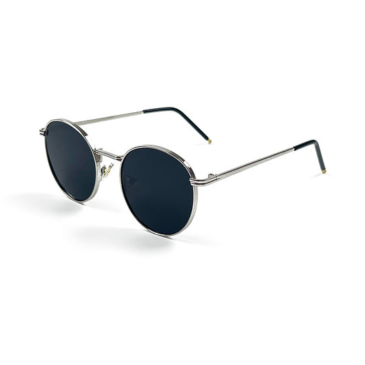 Round red lens sunglasses with a gold metal frame and black temple tips on a white background. - Image 19