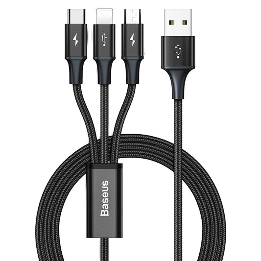 Cable 3 en 1 Carga Rápida - Lightning, Micro USB y USB-C Negro