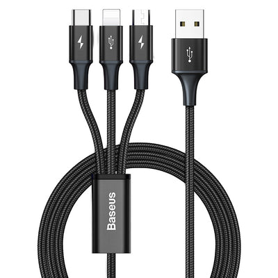 Cable 3 en 1 Carga Rápida - Lightning, Micro USB y USB-C Negro